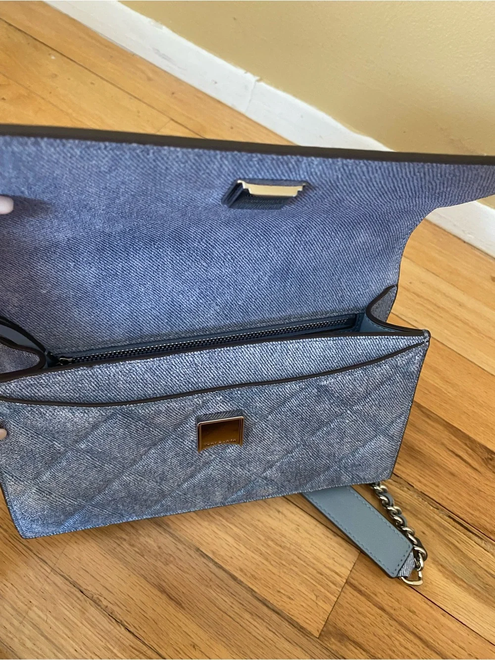 Tory Burch small Fleming shoulder bag. Quilted suede denim. Silver strap
